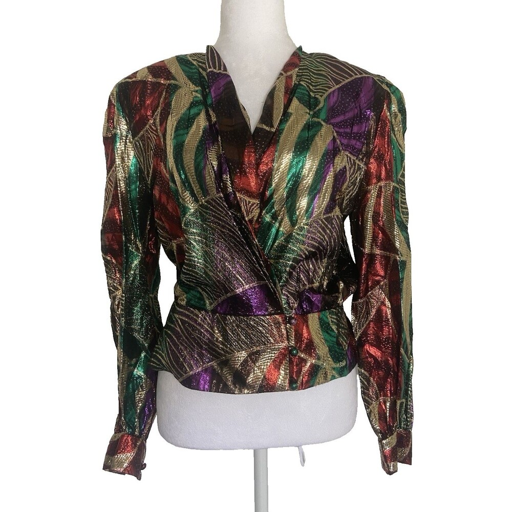 Vintage Anne Klein Colorful Shiny Metallic Blouse Size 10 Mardi Gras Party 80’s